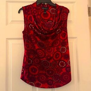 INC Sleeveless Drape Neck Red Floral Patterned Blouse with Sequins